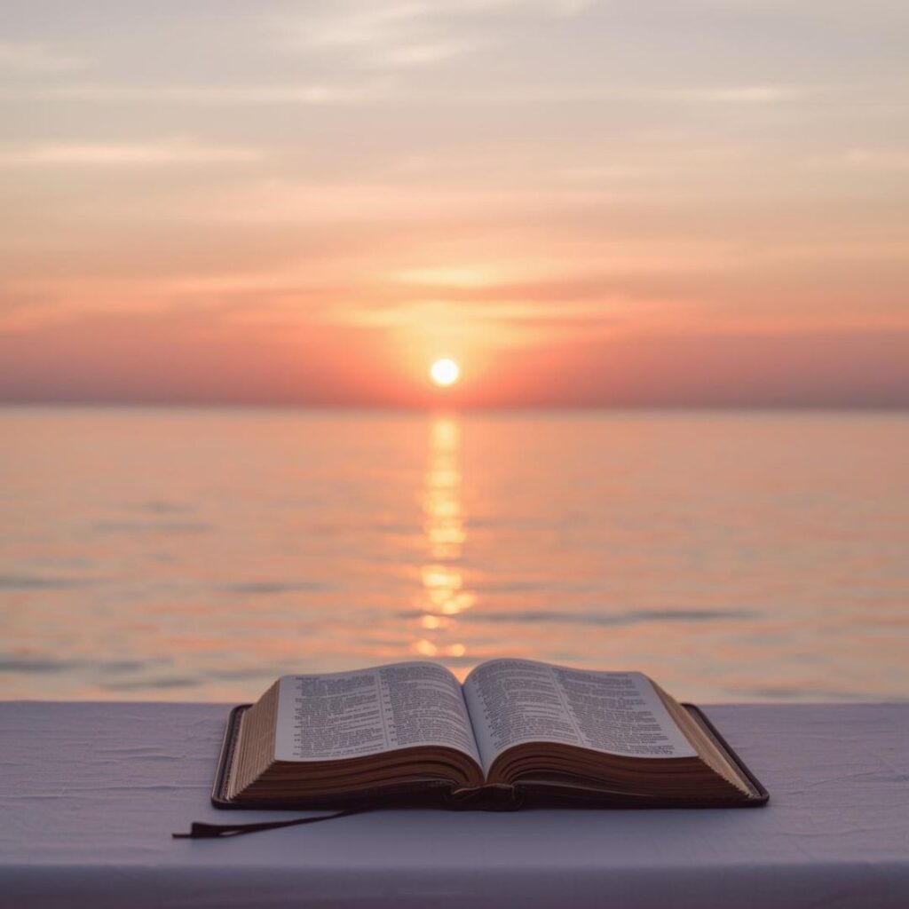 Prayer for Financial Blessing (Philippians 4:19): Trusting God for Provision & Peace Ocean sunset with an open Bible, representing God’s provision and Philippians 4:19 prayer for financial blessing.