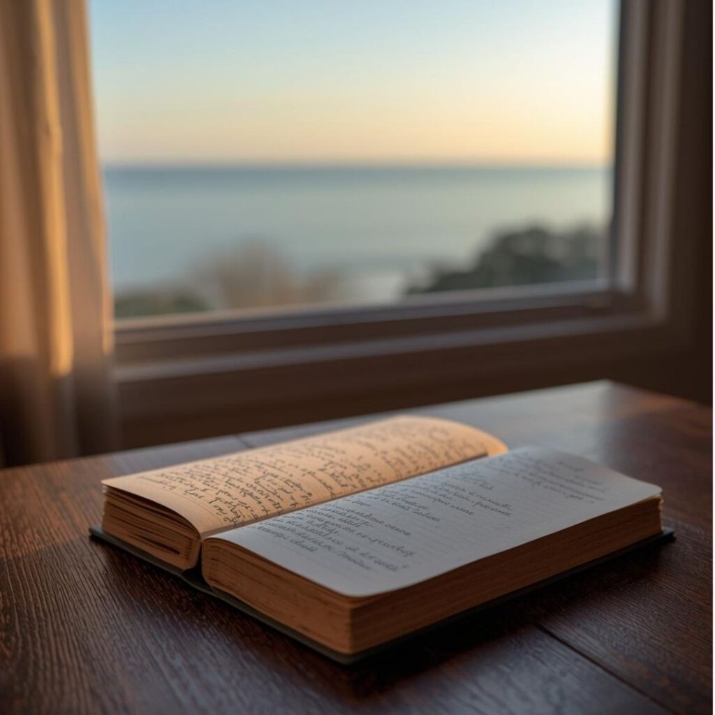 A sunlit journal resting on a table near a window, with soft golden light and a calm ocean horizon in the distance, symbolizing reflection, healing, and peace.