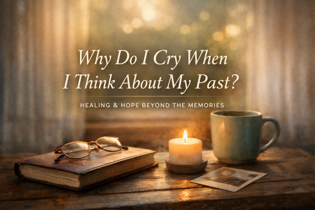 Soft, peaceful image of a journal, glasses, candle, and coffee by a sunlit window with the text “Why Do I Cry When I Think About My Past?”, symbolizing reflection, healing, and emotional growth.
