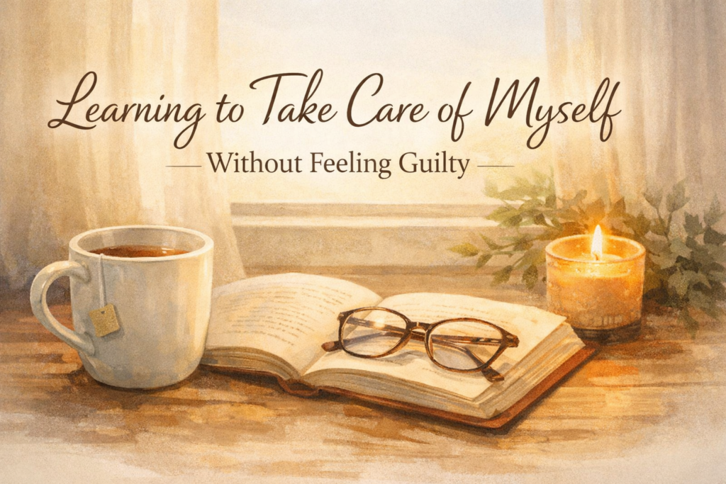 Peaceful image of a cup of tea, open book with glasses, and candle in soft window light with the text “Learning to Take Care of Myself Without Feeling Guilty,” symbolizing self-care, rest, and emotional healing.