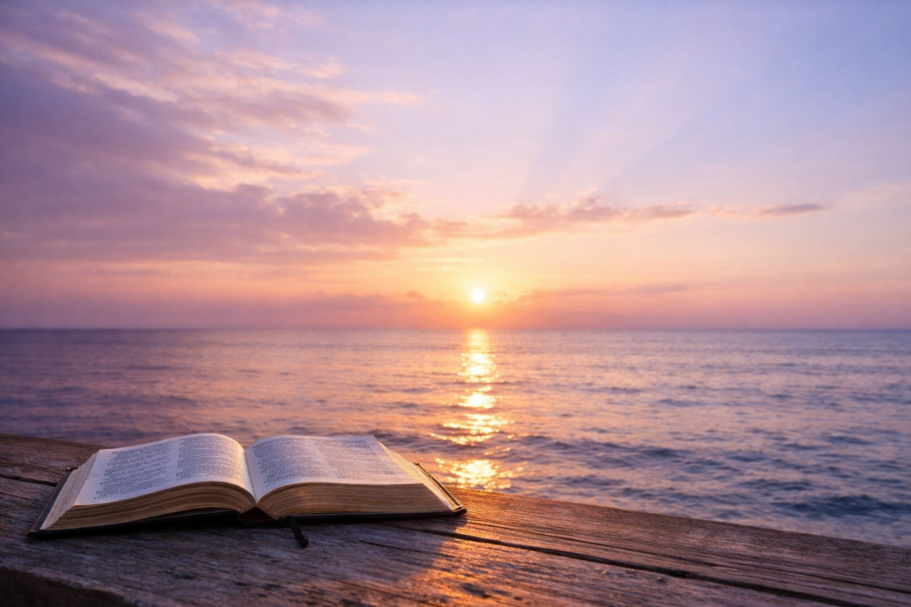 Faith When Money Struggles Feel Heavy Peaceful ocean sunset with soft light, representing faith and peace during money struggles.