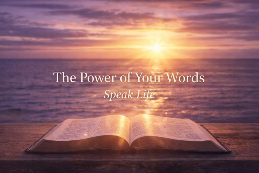 Serene ocean sunset with open Bible and golden light rays representing the power of speaking life through God’s Word.
