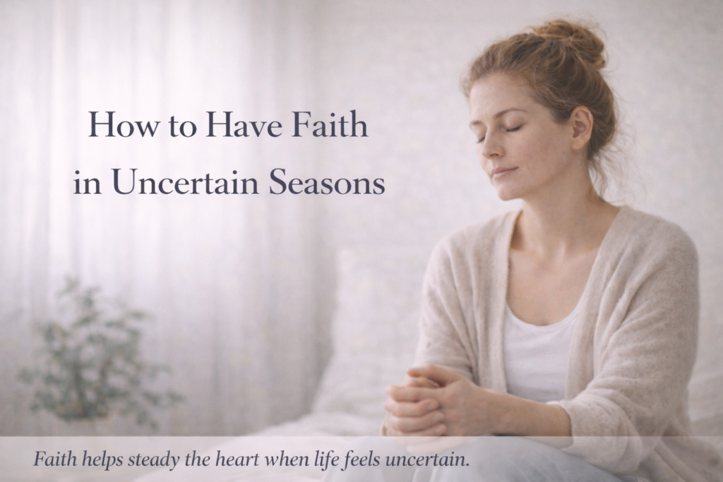 Woman sitting peacefully with eyes closed beside the words “How to Have Faith in Uncertain Seasons”