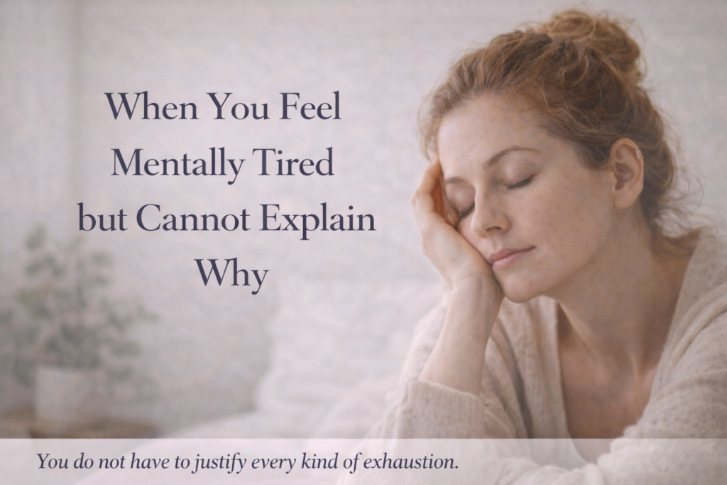 Woman resting her head in her hand with eyes closed, representing mental exhaustion and feeling mentally tired during a difficult season