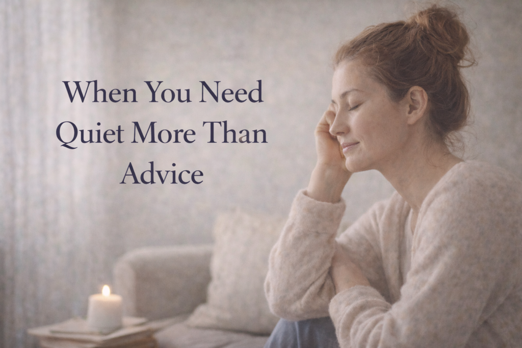 Woman sitting quietly with eyes closed in a peaceful room, representing needing quiet and emotional rest during a difficult season