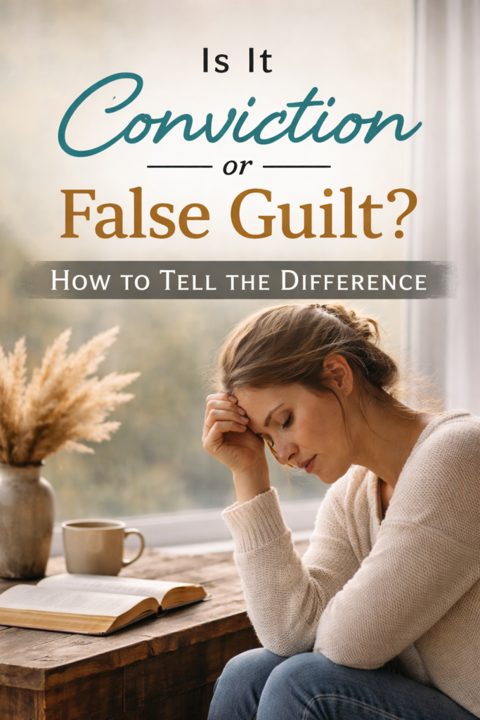 Is it conviction or false guilt shown through a woman in quiet reflection and prayer by an open Bible