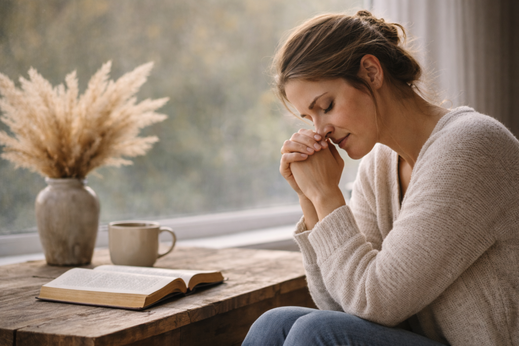 Stop people pleasing and obey God shown through a woman in quiet prayer beside an open Bible
