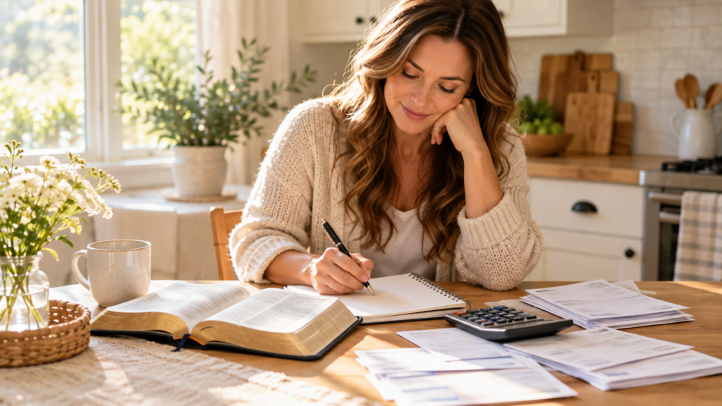 Woman studying what the Bible says about debt and financial stress while reviewing
