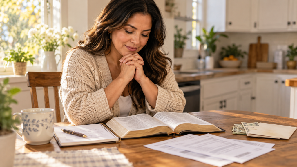 Middle-aged woman praying for wisdom about giving money while struggling financially