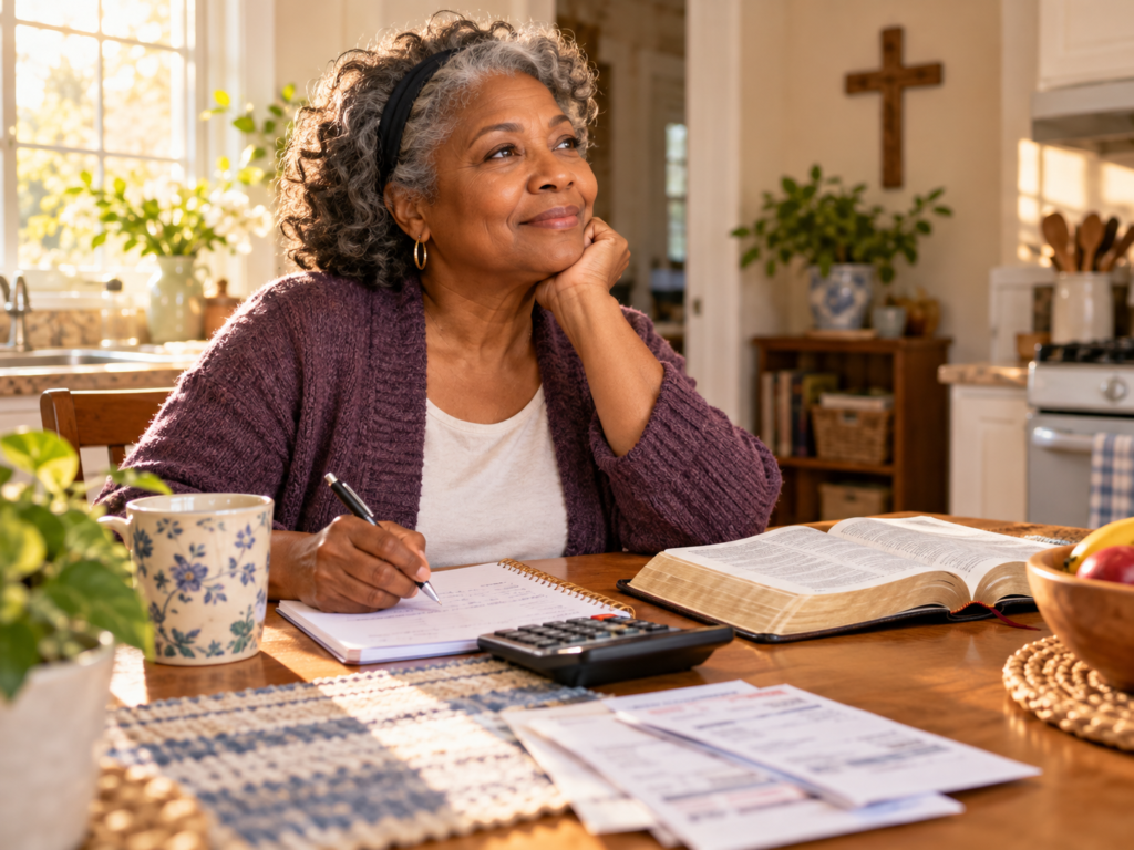 Middle-aged woman studying what the Bible says about saving money for the future
