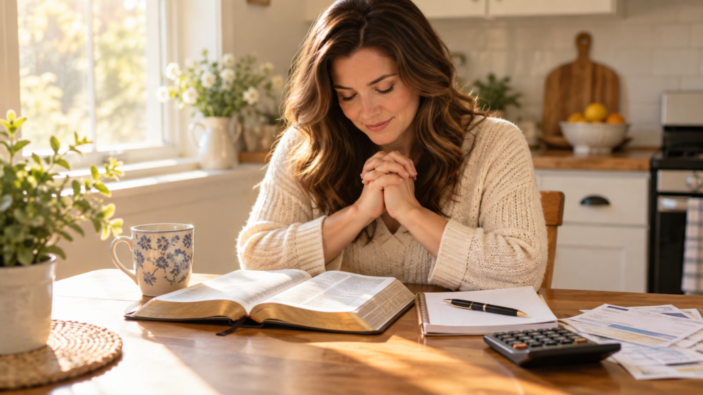 Woman praying while learning how to pray Philippians 4:19 over your finances