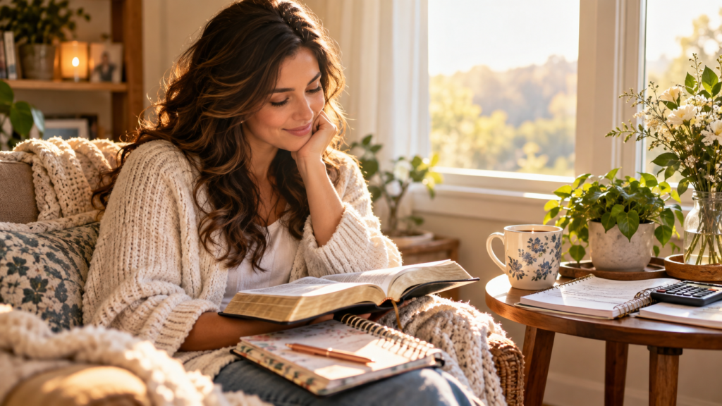 Woman reading Scripture to pray when worried about money