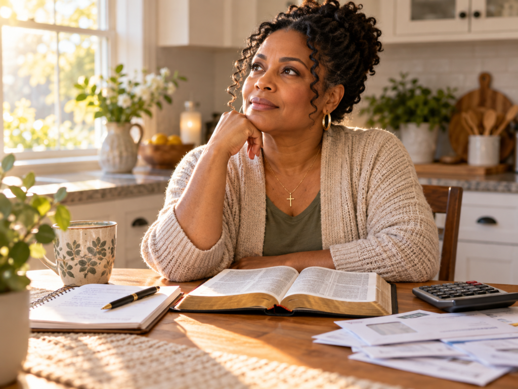 Black woman sitting at a kitchen table with a Bible, bills, notebook, and calculator, reflecting on financial stress and trusting God.